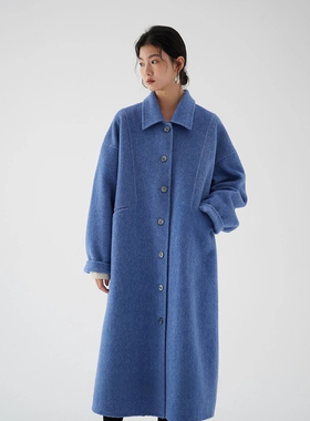 冬系列 海蓝色真丝兔绒羊毛混纺双面尼长大衣