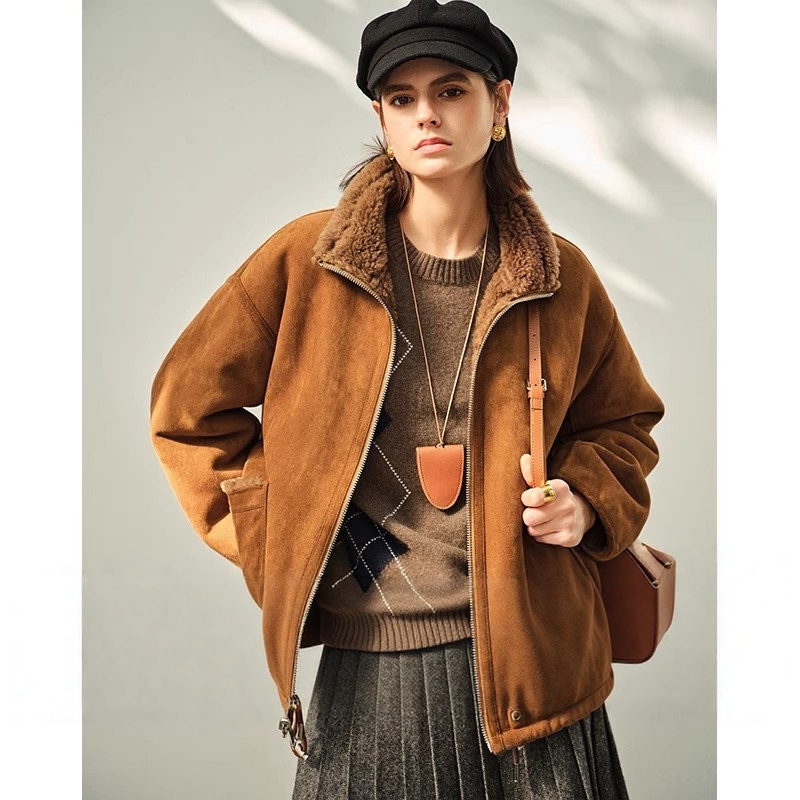 美拉德~麂皮绒翻领皮毛一体外套