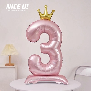 40寸带底座大号粉色数字铝膜气球蝴蝶结城堡气球生日布置周岁拍照