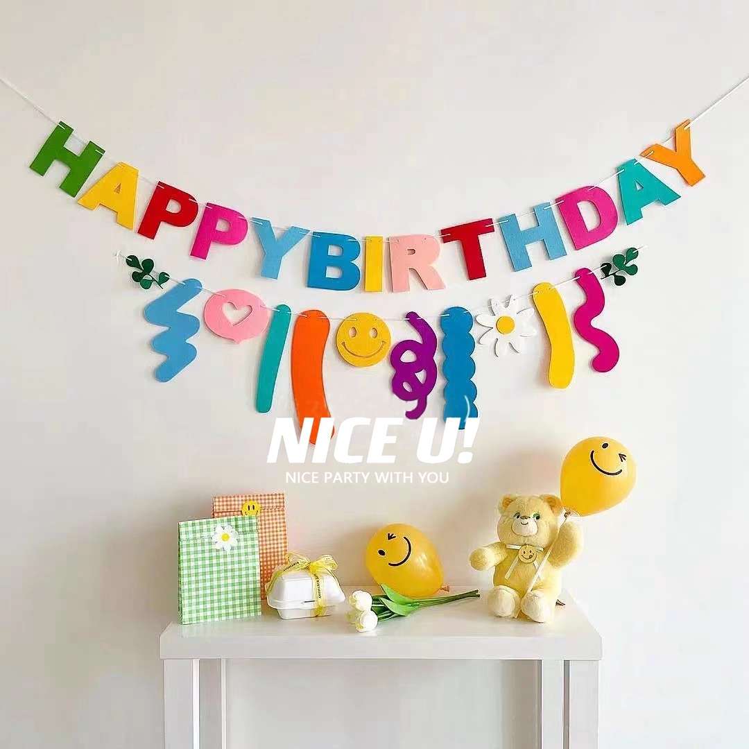 韩国ins彩虹色不织布生日拉旗