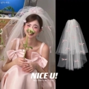 韩式 粉色蝴蝶结头纱新娘头纱头饰生日领证结结婚纪念拍照配件饰品