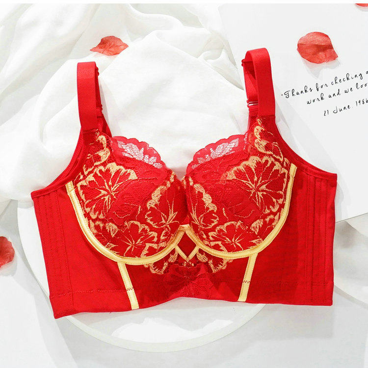 钻心爱慕六排扣加宽收副乳上托聚拢内衣女本命年红色小胸水袋文胸