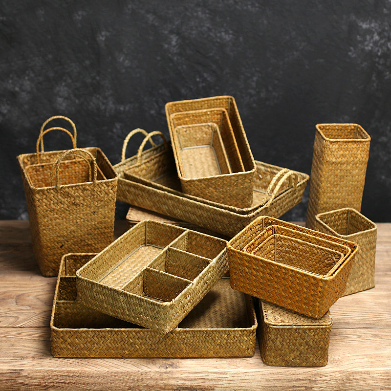 手工草编收纳盒家用桌面零食筐复古花盆果篮装饰大号分格托盘藤编,收纳整理,其他收纳篮,淘宝优惠券,粉丝福利购,淘宝优惠卷