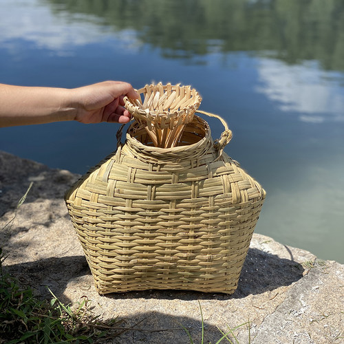 竹编鱼篓捕鱼抓虾采茶带盖子老式