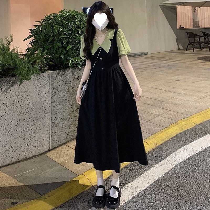 大码女装新款女学生法式收腰胖mm假两件连衣裙短袖显瘦裙子长裙