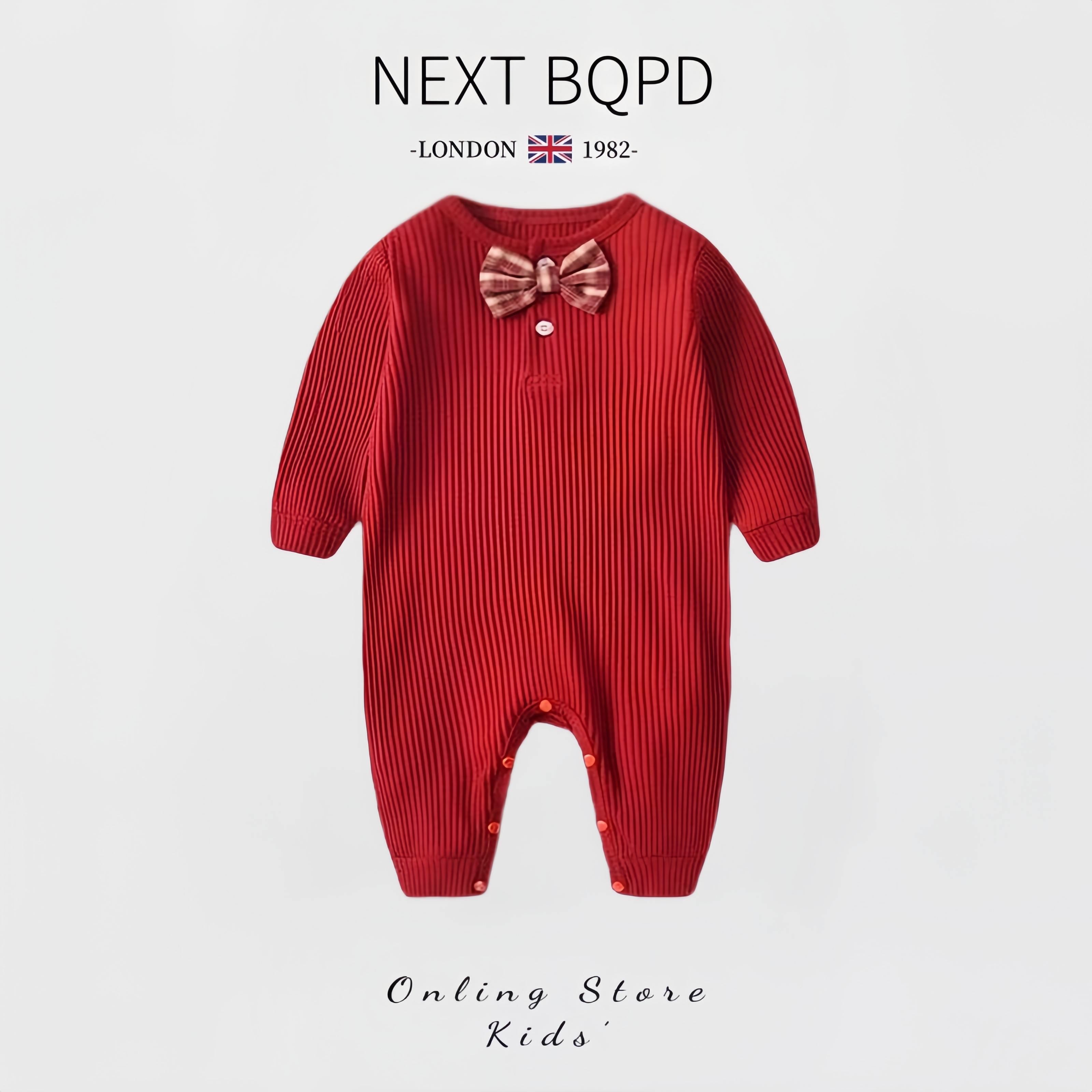 英国NEXT婴儿绅士连体衣纯棉秋冬满月百天男宝宝领结哈衣红色周岁