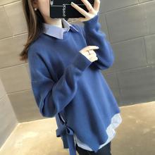 打底毛衣套装 女 春装 宽松大码 新款 条纹衬衫 两件套 系带针织衫