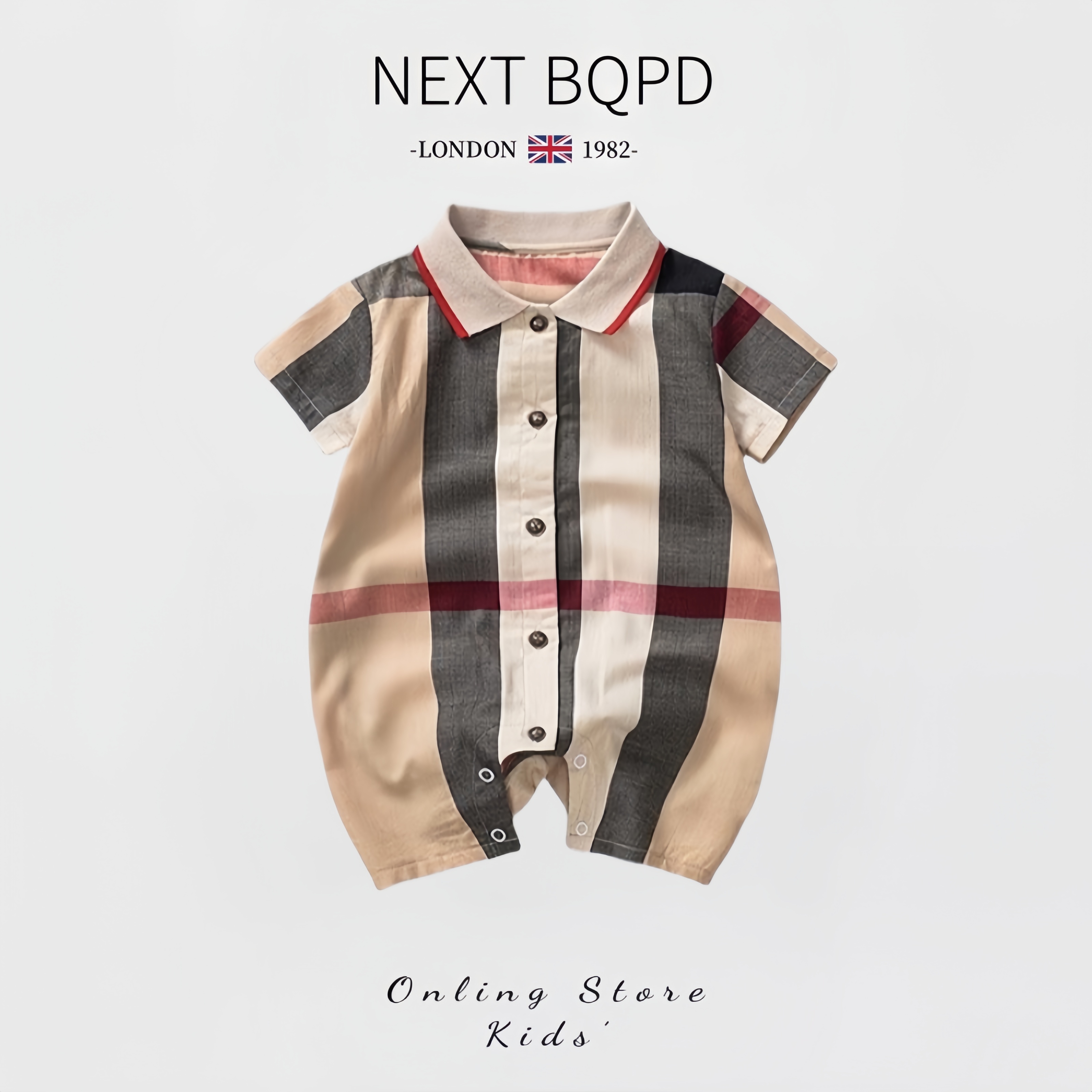 英国NEXTBQPD夏季婴儿纯棉连体衣男宝宝英伦格子短袖外出薄款哈衣