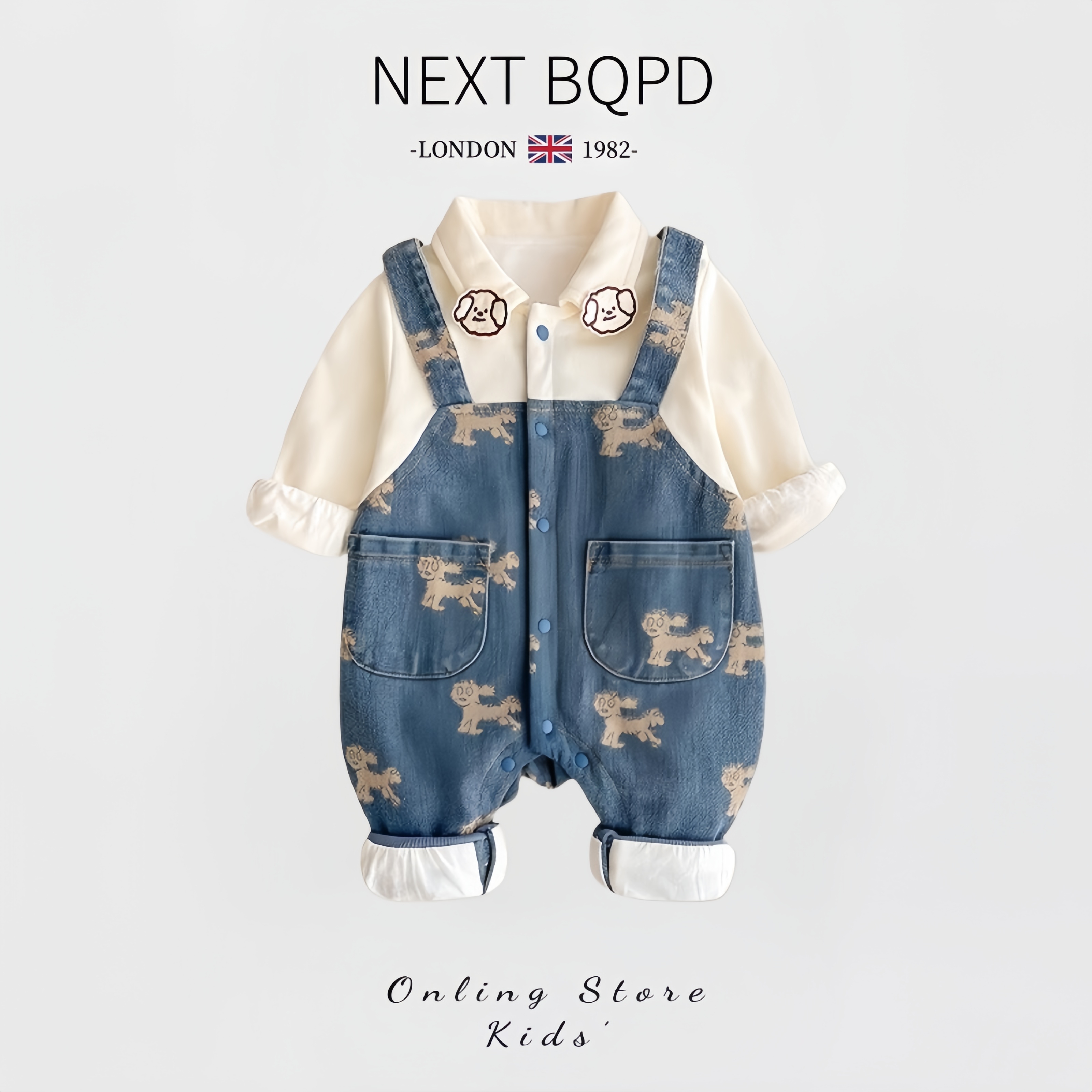 英国NEXT婴儿假两件连体衣秋冬长袖男宝宝牛仔背带哈衣百天外出服