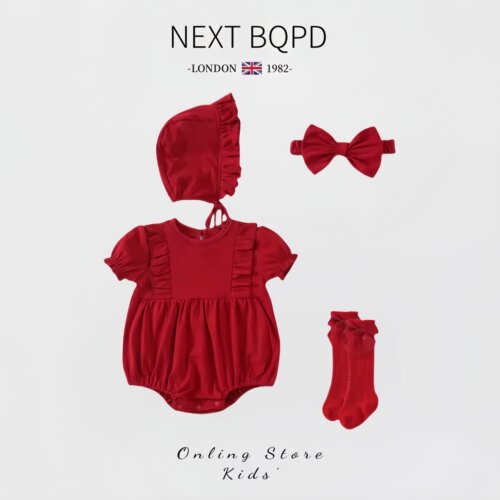 NEXT BQPD婴儿夏季红色连体衣女宝宝公主包屁衣满月百天周岁礼服