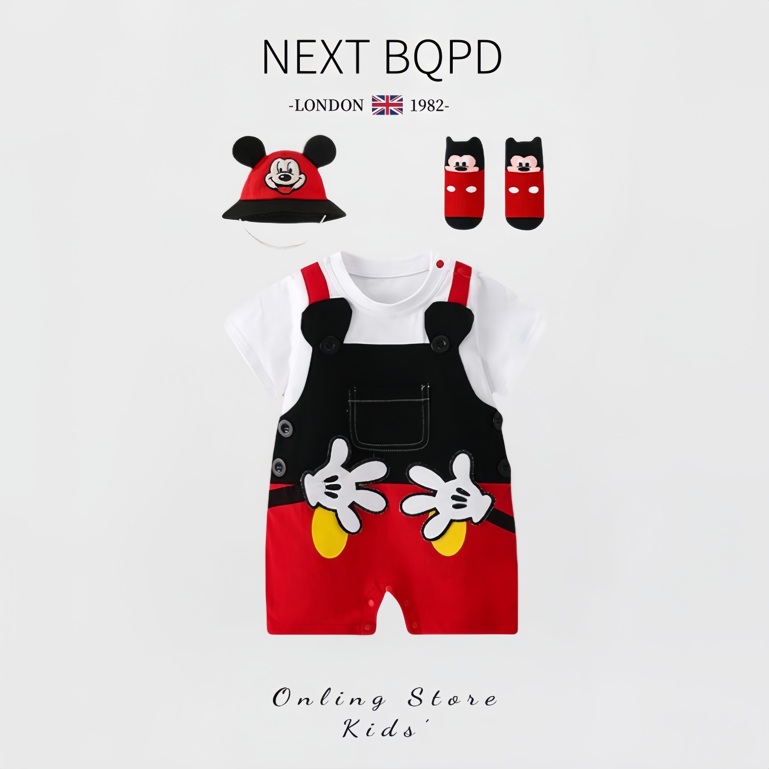 NEXT BQPD夏季婴儿假两件连体衣外出米奇宝宝卡通背带哈衣纯棉