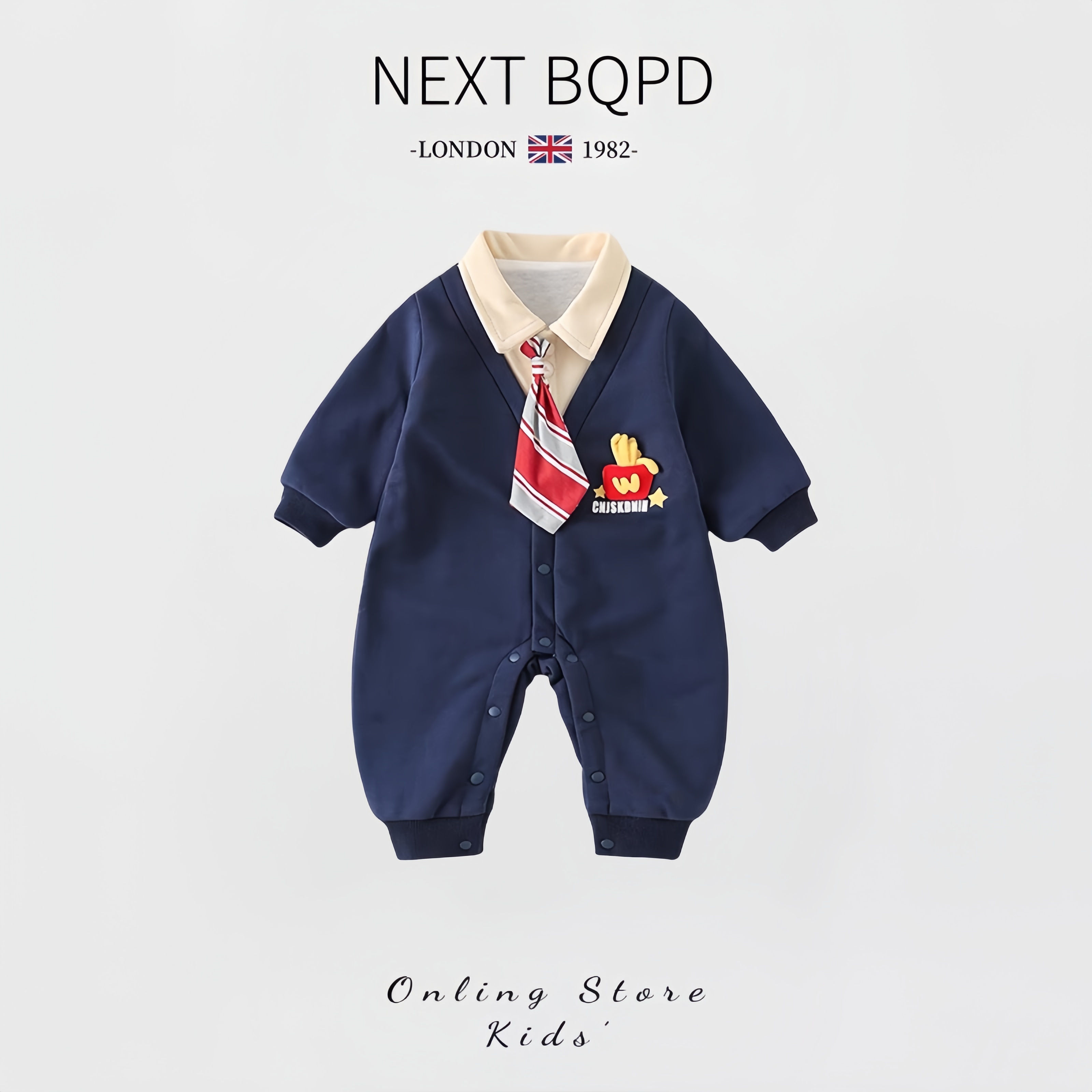 英国NEXTBQPD婴儿领带连体衣秋冬纯棉男宝宝假两件哈衣百天外出服