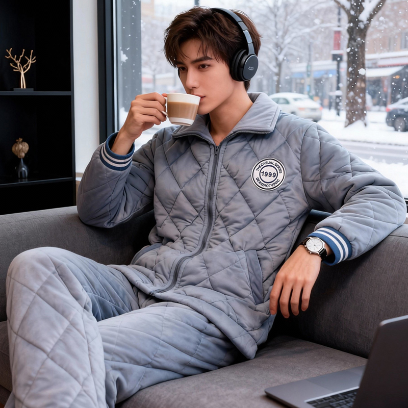 睡衣男士秋冬季三层夹棉加厚加绒珊瑚绒拉链运动冬天家居服套装冬