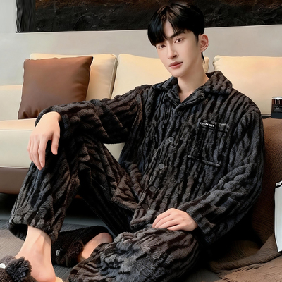 半边绒睡衣男士秋冬季长袖保暖男款薄绒加大码青少年家居服套装