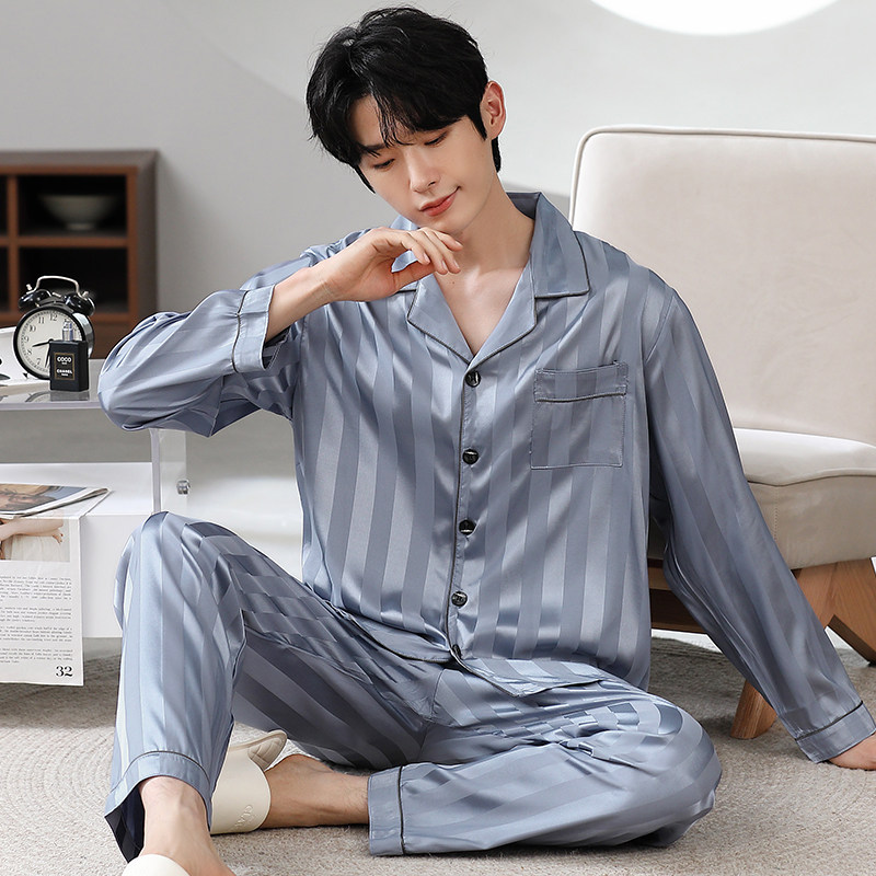2024新款冰丝睡衣男士春秋季长袖男生薄款青少年条四季家居服套装
