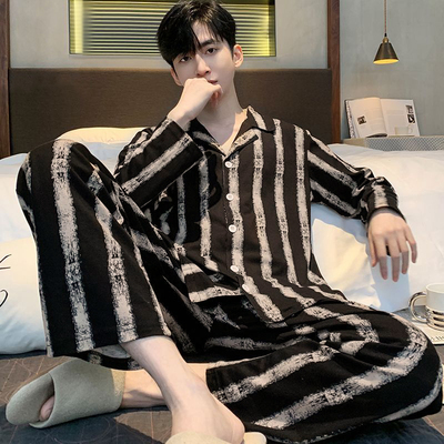 睡衣男长袖纯棉春秋款夏季男士全棉男式薄款青少年黑色家居服套装