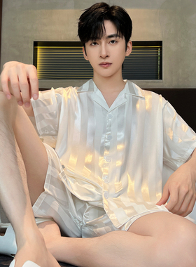 男士睡衣夏季2025新款冰丝短袖短裤薄款青少年条纹白色家居服套装