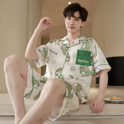 2025新款睡衣男士夏季冰丝短袖短裤夏天仿真丝男款卡通家居服套装