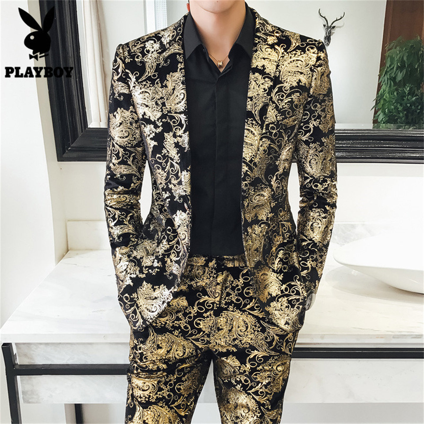 花花公子西服套装男烫金两件套潮