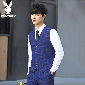 花花公子格子西装马甲男修身韩版英伦休闲马夹男士结婚坎肩背心潮