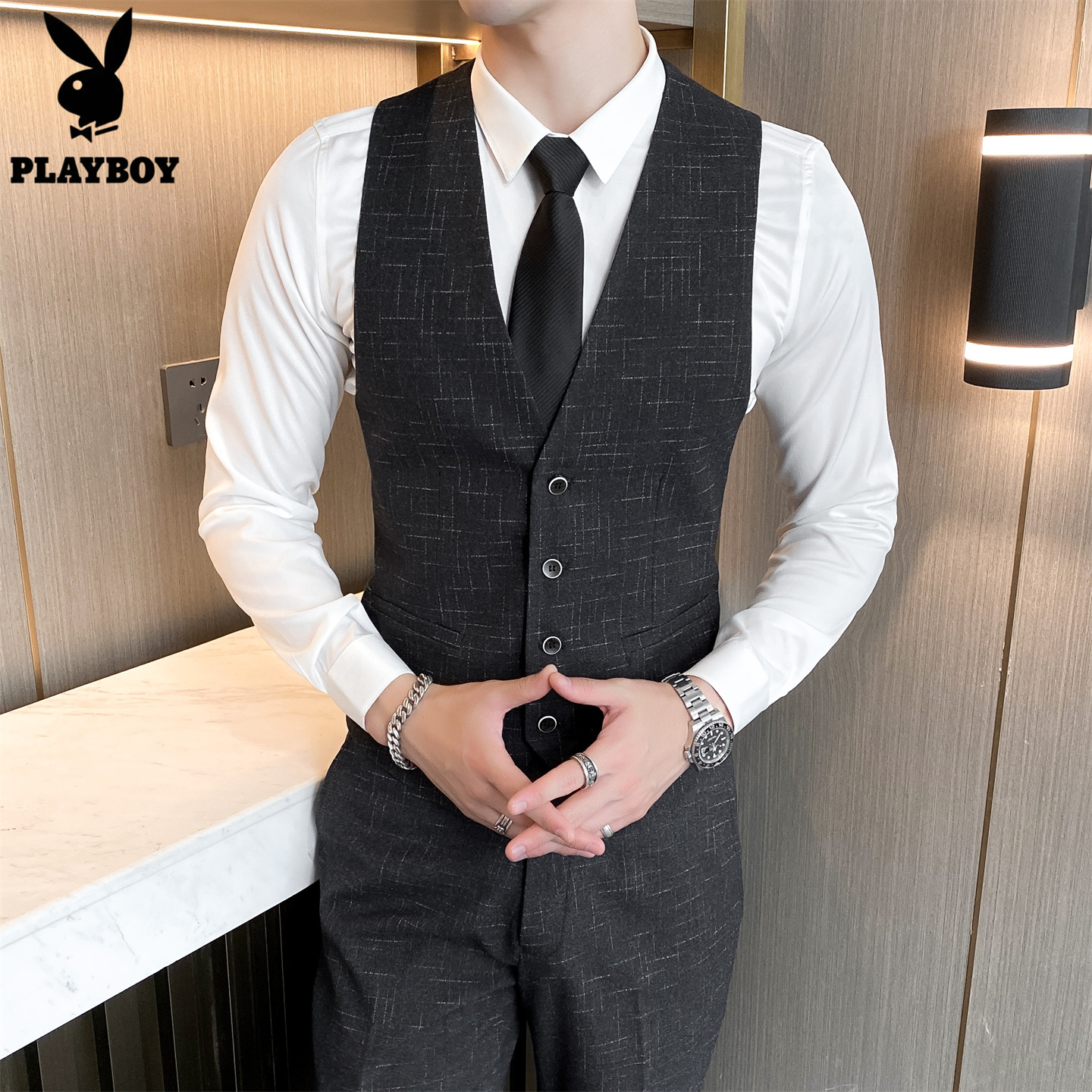 花花公子马甲男修身结婚背心西裤