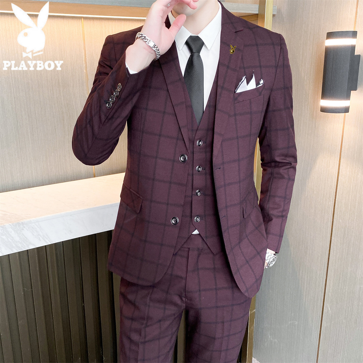 花花公子格子西服套装男士修身潮流商务休闲外套新郎伴郎结婚礼服