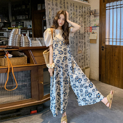 多巴胺蓝色印花背带连体裤套装2025新款女夏慵懒风垂感吊带阔腿裤