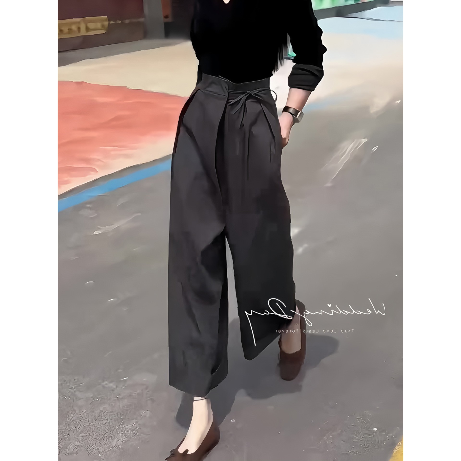 灰色设计感高腰绑带阔腿裤女秋季流行新款时髦西装裤洋气直筒裤子