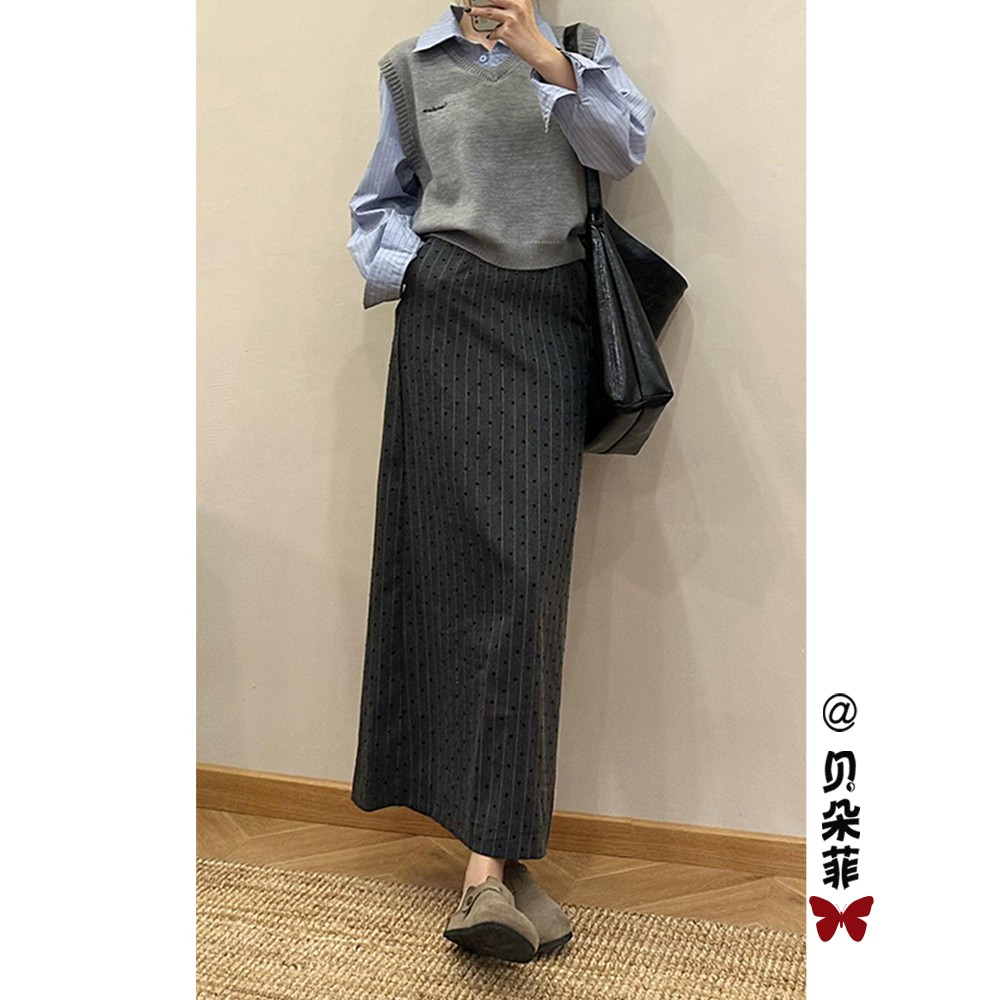 灰色波点半身裙女夏季高腰包臀长裙2025新款小个子a字半裙直筒裙