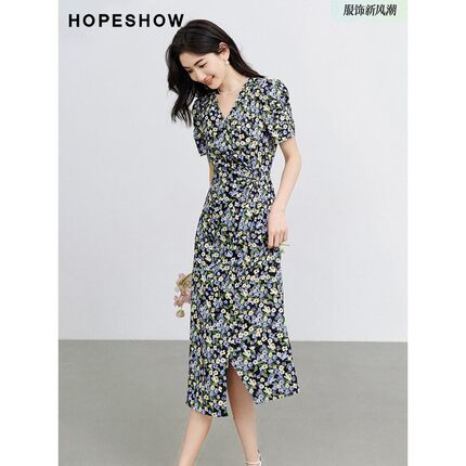 红袖茶歇法式连衣裙夏季2025新款女装收腰显瘦V领复古碎花雪纺裙