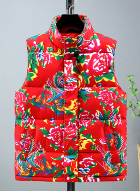 冬北花色保暖坎肩背心红色大花褂子男中国风东北大花棉马甲外套潮