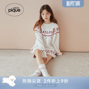 短裤 小熊半边绒长袖 PWNT245357 pique秋冬女睡衣套装 gelato