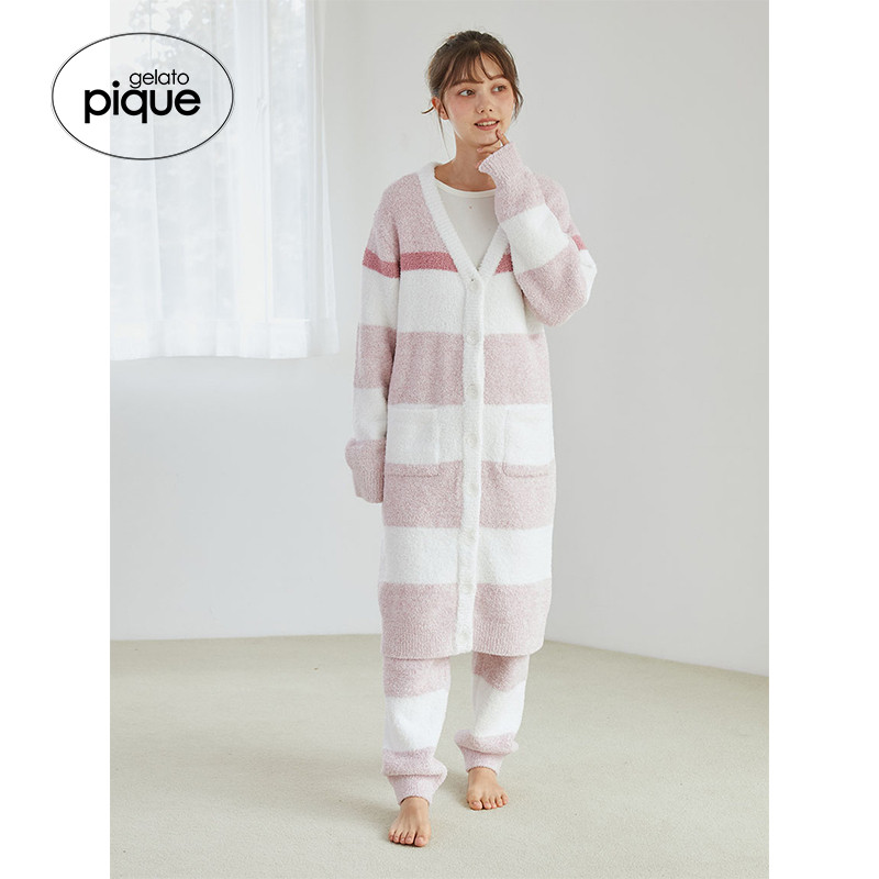 gelato pique秋冬女睡衣粉扑条纹V领长开衫外穿PWNT245039,女士内衣/男士内衣/家居服,睡衣上装,淘宝优惠券,粉丝福利购,淘宝优惠卷