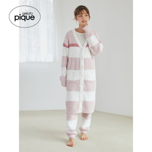 gelato 外穿PWNT245039 pique秋冬女睡衣粉扑条纹V领长开衫