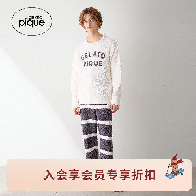 gelato pique25秋冬新品男睡衣套装半边绒字母条纹长袖PMNT255052,女士内衣/男士内衣/家居服,睡衣上装,淘宝优惠券,粉丝福利购,淘宝优惠卷