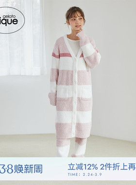 gelato pique秋冬女睡衣粉扑条纹V领长开衫外穿PWNT245039