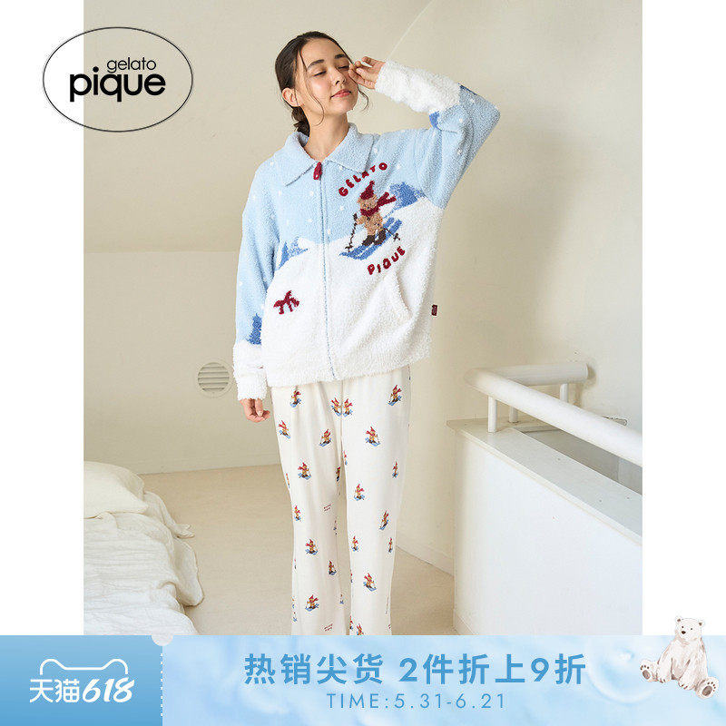 gelato pique25秋冬新品女睡裤滑雪小熊满印系带长裤PWCP255253