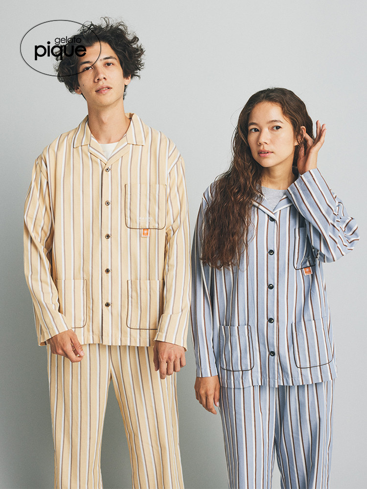 GELATO PIQUE AUTUMN COUPLE PAJAMAS EAMES STRIPED COTTON SHIRT PMFT224961
