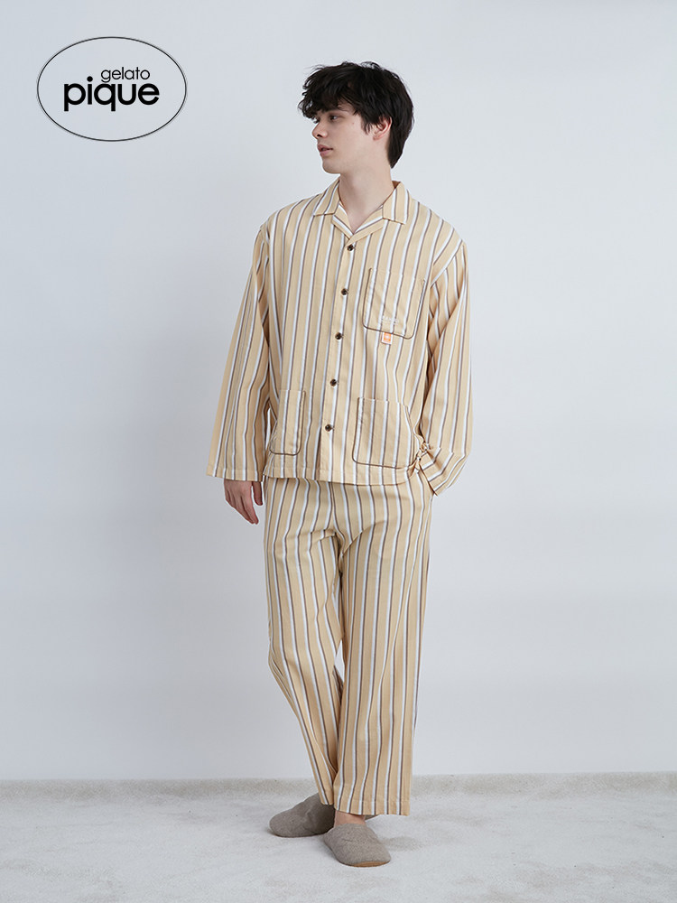 GELATO PIQUE AUTUMN COUPLE PAJAMAS EAMES STRIPED COTTON SHIRT PMFT224961