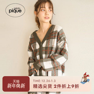 gelato 外穿PWNT245138 pique秋冬女睡衣格纹针织V领开衫