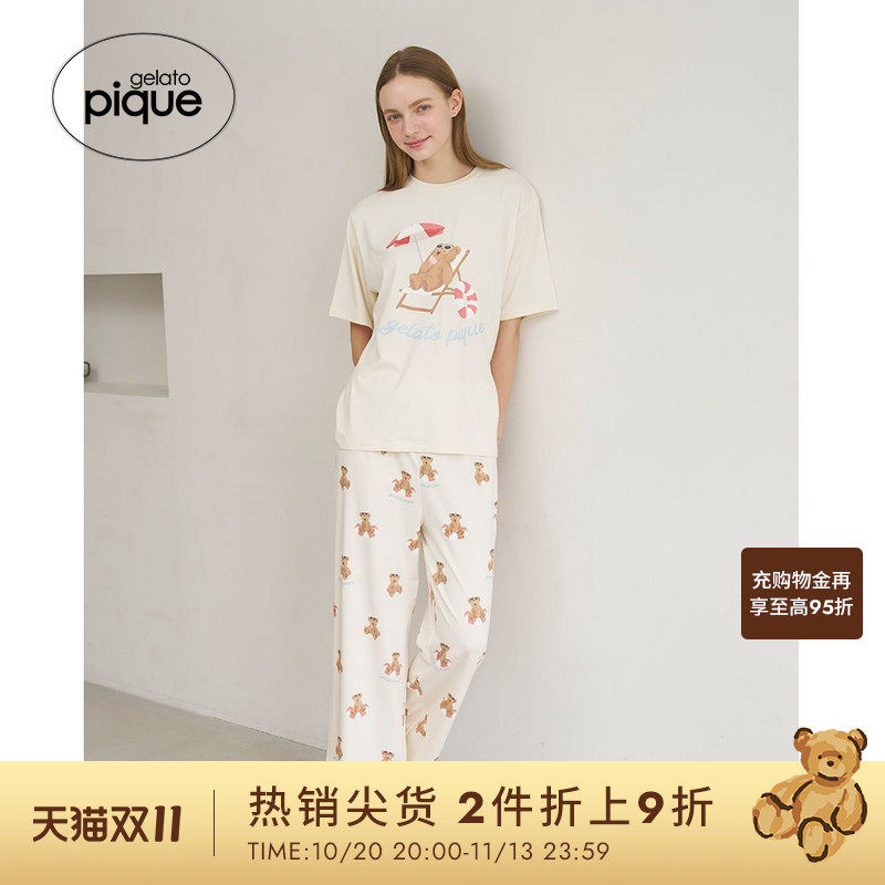 gelato pique26春夏新品女睡裤夏日小熊满印系带长裤PWCP262347