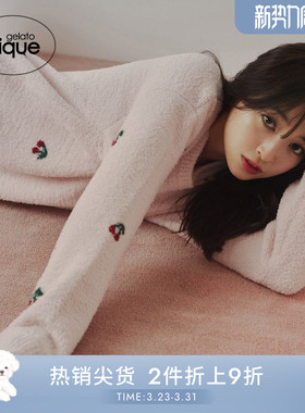 gelato pique秋冬女睡裙樱桃针织长袖连衣裙居家PWNO245062