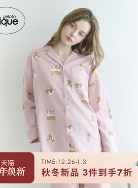 gelato pique25秋冬新品女睡衣晚安小熊满印衬衫居家PWFT254367