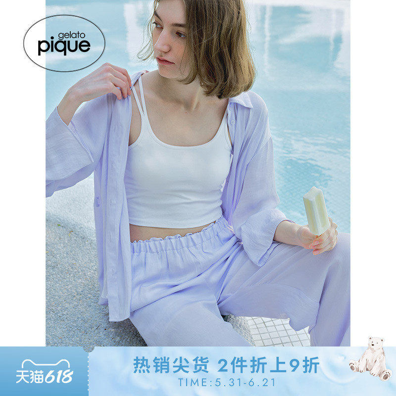 gelato pique25夏季新品女纯色侧开丝带装饰系带长睡裤PWFP252306
