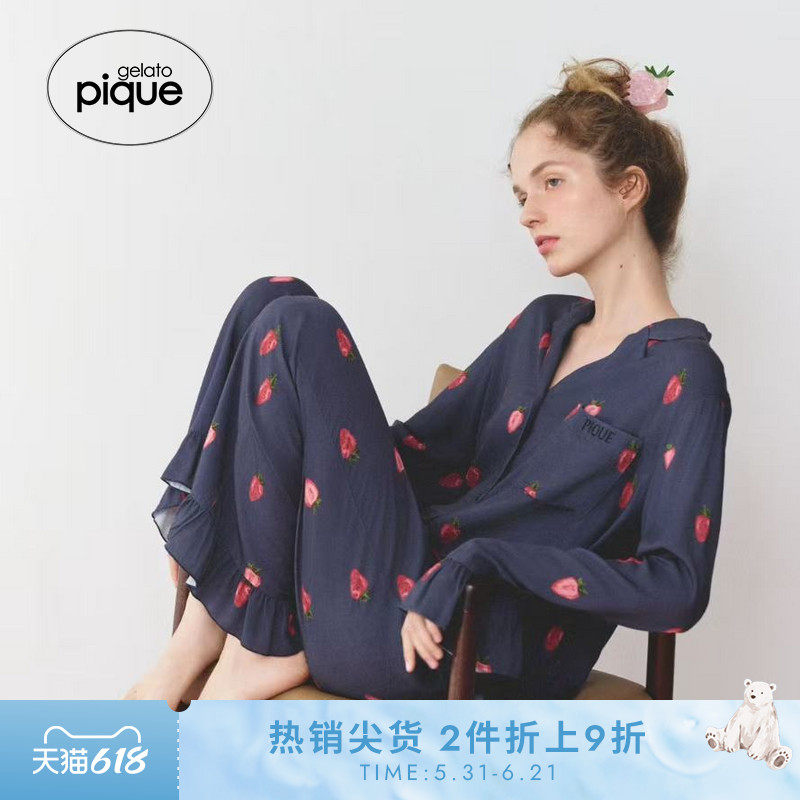 gelato pique25秋冬新品女睡裤草莓满印系带长裤居家PWFP255229