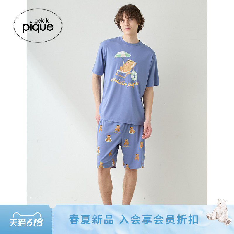 gelato pique26春夏新品男睡裤夏日小熊满印系带短裤PMCP262252
