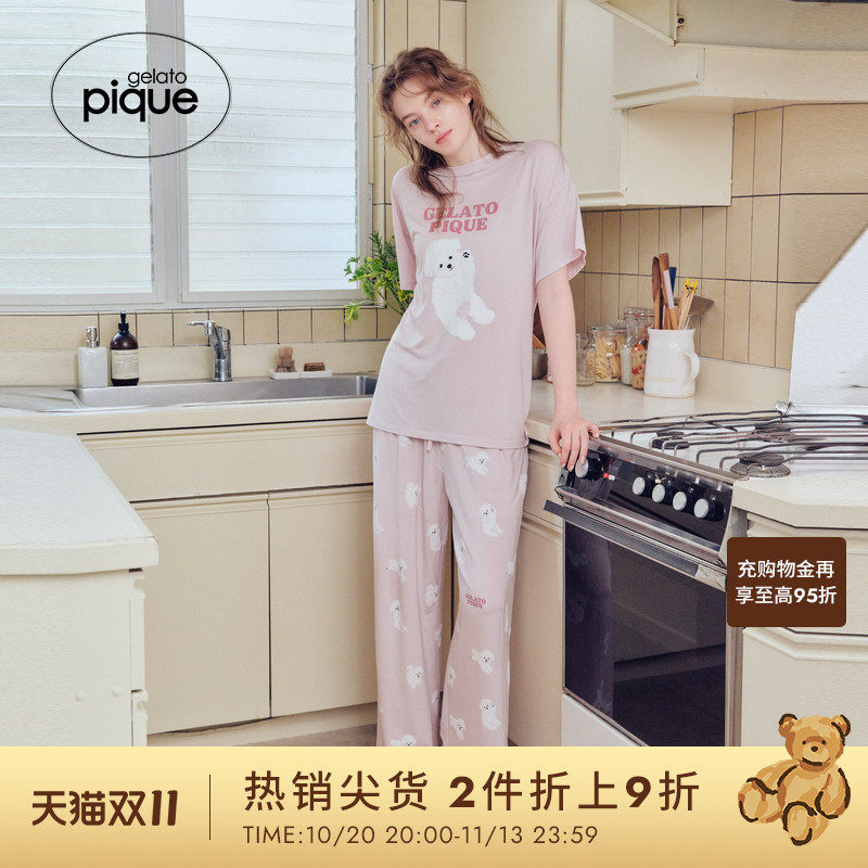 gelato pique26春夏新品女睡裤翻肚皮小狗满印系带长裤PWCP261260
