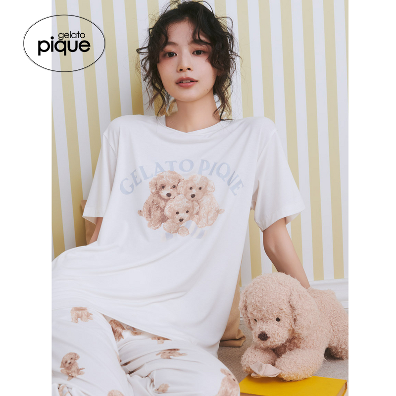 gelato pique25春夏新品女睡衣贵宾犬印花短袖圆领T恤PWCT251303