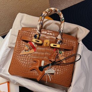 饰纯手工定制 30cm亮面雾面鳄鱼纹铂金包凯莉包女手提包丝巾装