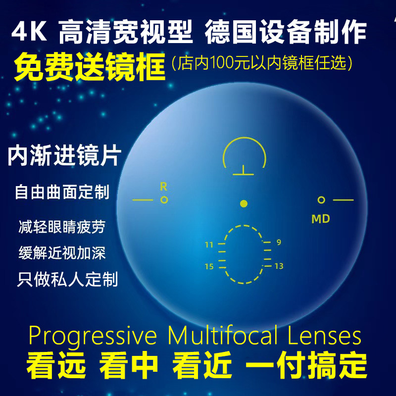 德国防蓝光舒适内渐进多焦点镜片变色看远看近两用近视老花一体
